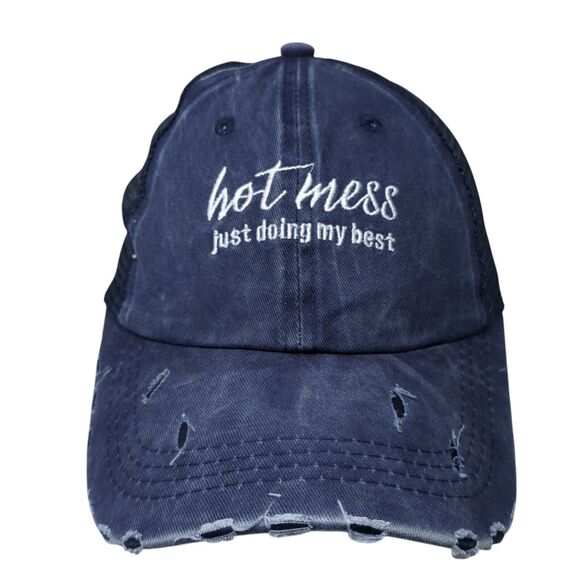 Hot Mess Just Doing My Best Ponyback Trucker Hat Blue OS Mesh Back Distressed - Picture 1 of 8
